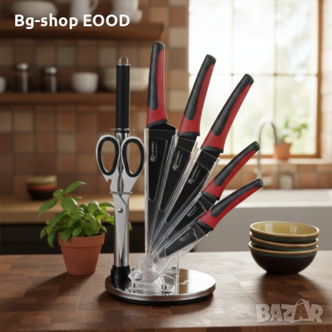 Комплект кухненски ножове от въглеродна стомана от 8 части с ергономични дръжки, черно и червено, снимка 9 - Други - 53744393