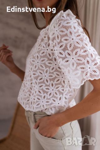 Дамска блуза в бяло с къс ръкав и флорален мотив, снимка 5 - Други - 45418224