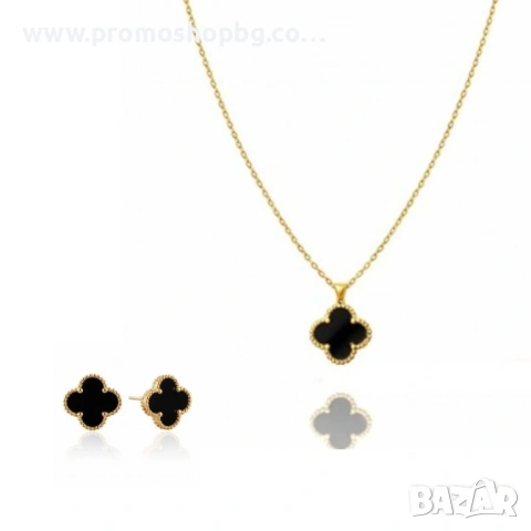 Комплект колие + обеци с черна детелина, стомана с 14-карата златно покритие