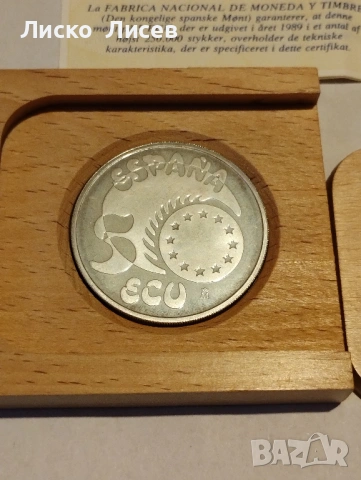 Испания 5 екю 1989г. 1 унция сребро, снимка 8 - Нумизматика и бонистика - 53031681