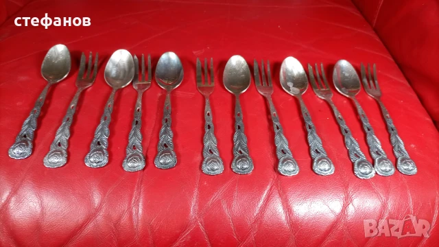 Красиви десертни вилички и лъжички, релефни дръжки, роза, по 9 бр, общо 18 бр, снимка 1