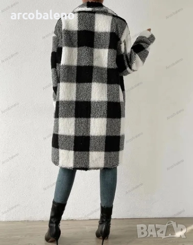 Дамско есенно-зимно палто с отворени копчета и плюшен кариран плат, 4цвята , снимка 4 - Палта, манта - 47851255