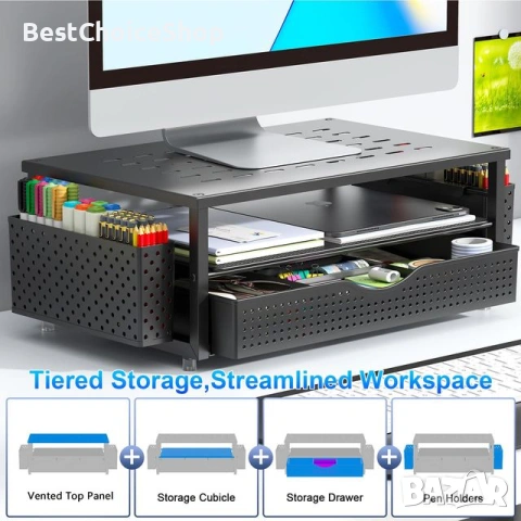 Метален органайзер за бюро с чекмедже и 2 стойки за химикалки, снимка 4 - Други стоки за дома - 53613951