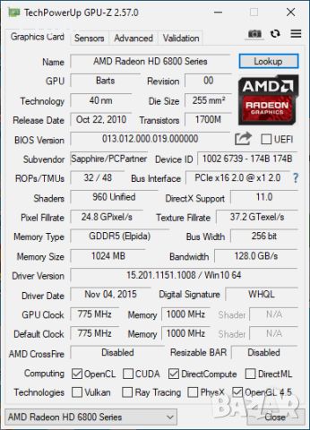 Видеокарта SAPPHIRE Radeon HD 6850 GDDR5 1GB/256bit, снимка 5 - Видеокарти - 45096392