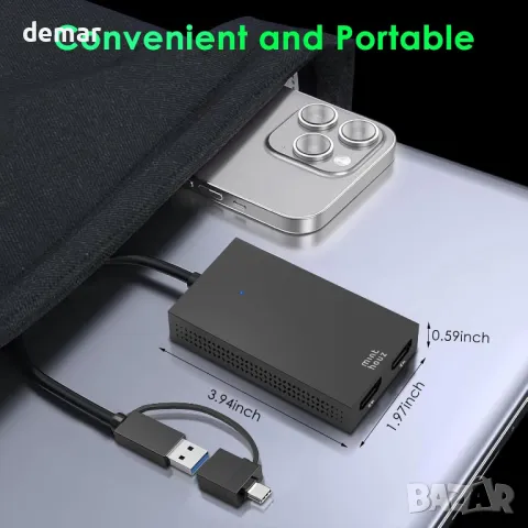 Minthouz USB C към Dual HDMI адаптер, 4K@30Hz + 1080p@60Hz HDMI сплитер за два монитора, снимка 8 - Друга електроника - 49869345