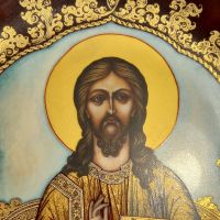 Руска порцеланова декоративна чиния Исус Христос с позлата , снимка 3 - Декорация за дома - 45383317