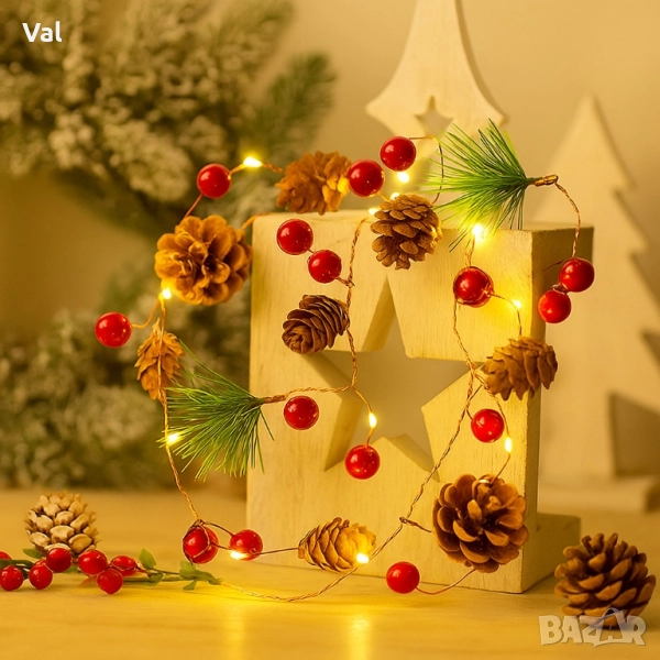 Светеща коледна украса с LED светлини, шишарки и борови клонки, снимка 1