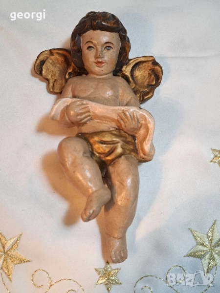 Стара дървена статуетка на ангелче херувим дърворезба 29/3, снимка 1