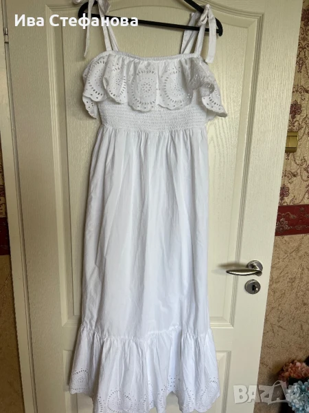 разкошна нова бяла волани  дълга елегантна женствена рокля 100 % памук памучна , снимка 1