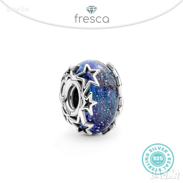 Талисман Fresca по модел тип Пандора сребро 925 Pandora Galaxy Blue & Star Murano charm, снимка 1