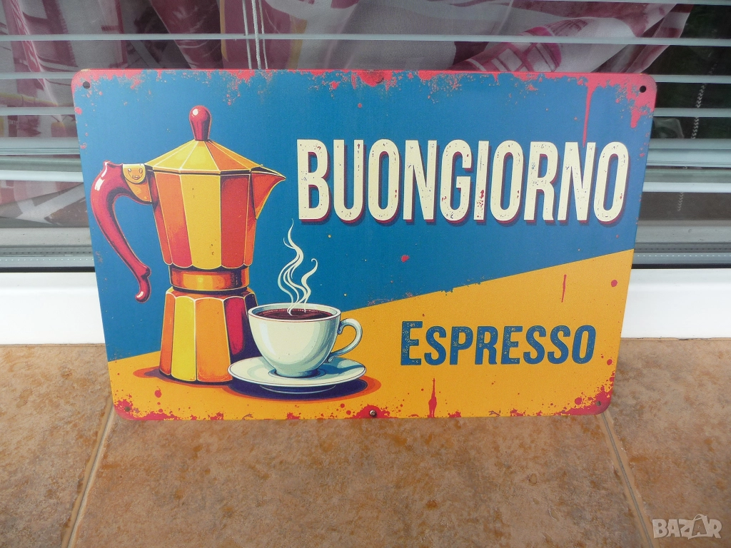 Метална табела кафе италиянско джезве ароматно кафениче домашно еспресо чашка събуждане сутрин захар, снимка 1