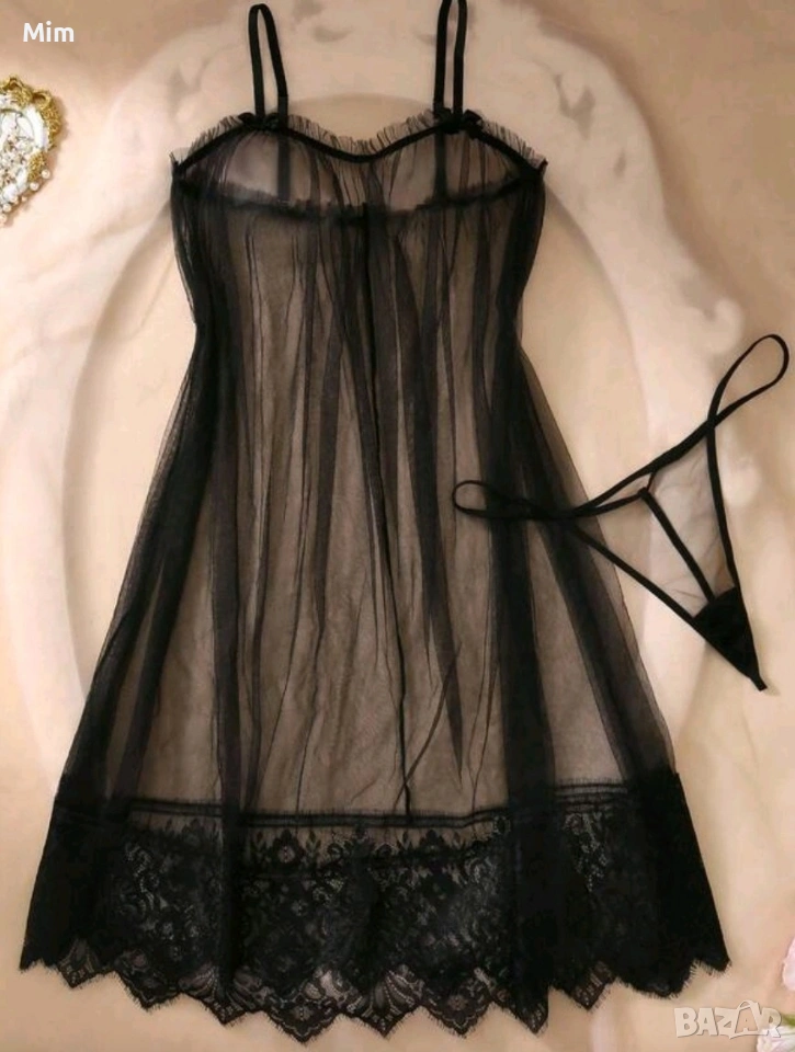 4XL Ефирна черна нощница и прашка , снимка 1
