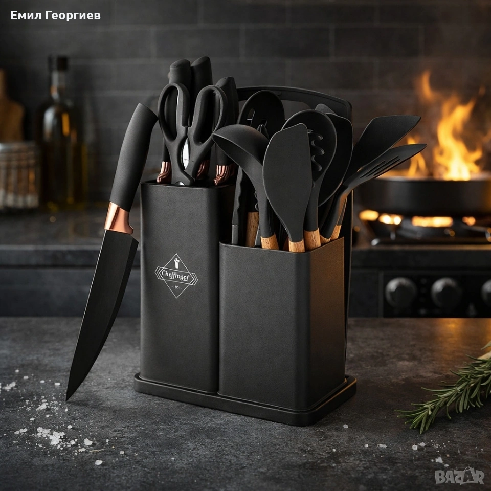 Кухненски комплект от 19 части - ножове, силиконови прибори, поставка и дъска за рязане, снимка 1