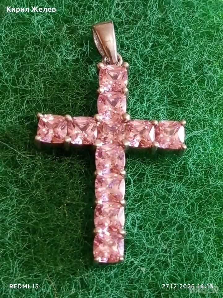 Фешън сребърна висулка инкрустирана с синтетични розови цирконий 52538, снимка 1