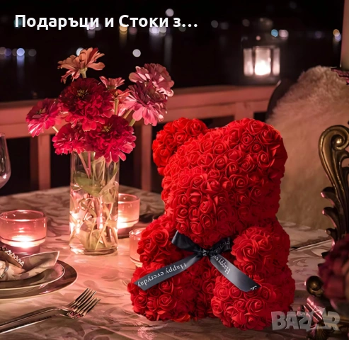 Плюшено мече с LED рози - подарък за Св. Валентин, 8ми март, приятелка, снимка 2 - Други - 53038694