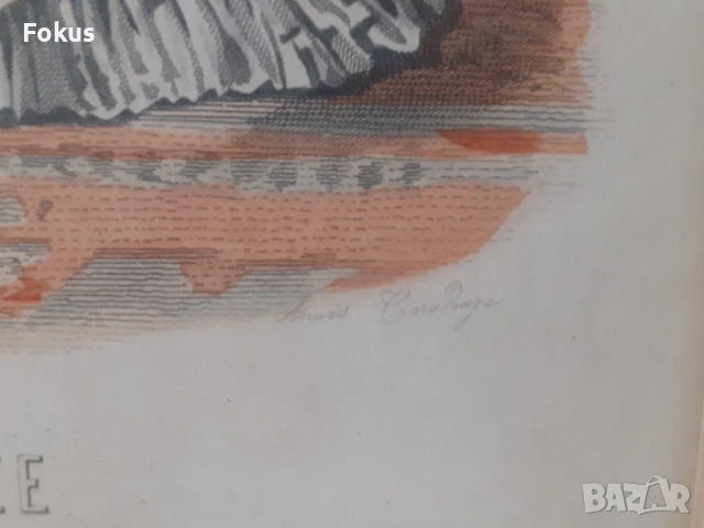 Стара цветна антикварна гравюра в рамка подписана - Франция, снимка 4 - Антикварни и старинни предмети - 53347081