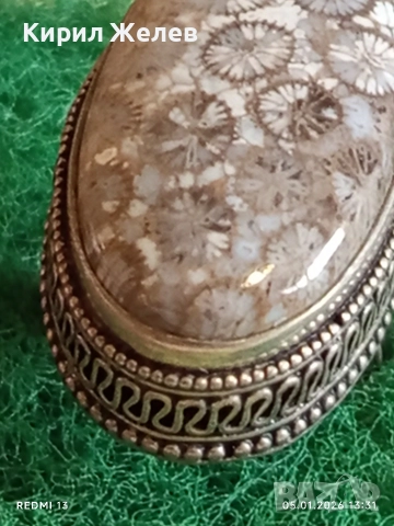 Сребърен пръстен с инкрустиран вкаменен корал филигранна изработка уникален 51824, снимка 5 - Пръстени - 52987229