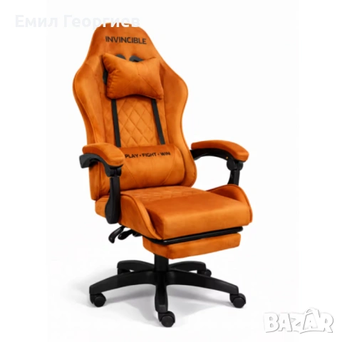 Оранжев велурен геймърски стол с поставка за крака – ергономичен, метална рамка, снимка 8 - Столове за офис - 53237902