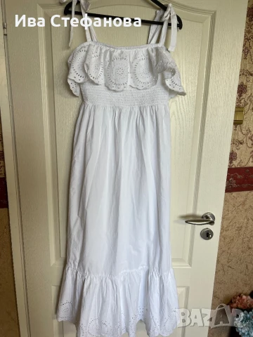 разкошна нова бяла волани  дълга елегантна женствена рокля 100 % памук памучна 