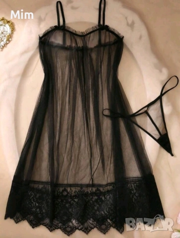 4XL Ефирна черна нощница и прашка 