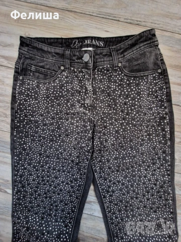 Диамантени Блестящи Тъмно Сиви Дънки с Фасетирани Сребристи и Черни Камъчета, снимка 7 - Дънки - 51006666