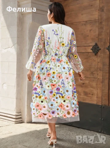 Бутикова Елегантна Ванилово Бяла Дантелена Бродирана Рокля с 3Д Пастелни Цветя и Шик Буфан Ръкав , снимка 4 - Рокли - 50812292