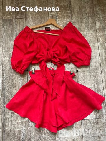 Нов ленен лен червен елегантен сет комплект от широки къси панталони топ бюстие буфан ръкав , снимка 7 - Костюми - 46439102
