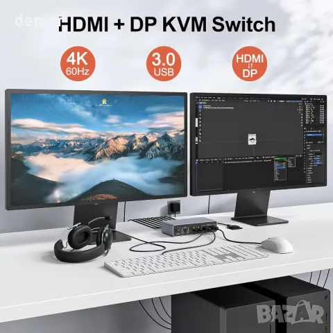Alxum Displayport HDMI KVM превключвател за 2 монитора и 2 компютъра, 4k 60hz USB 3.0, снимка 3 - Друга електроника - 50273099