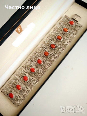 Уникална Старинна Сребърна Филигранна Гривна с Корали от 19 век, снимка 8 - Гривни - 47144928