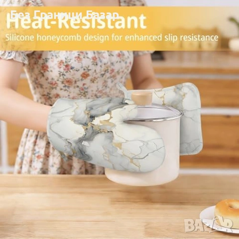 Нови Силиконови ръкавици за фурна и подложки 4 части бял мрамор комплект, снимка 4 - Аксесоари за кухня - 53889031