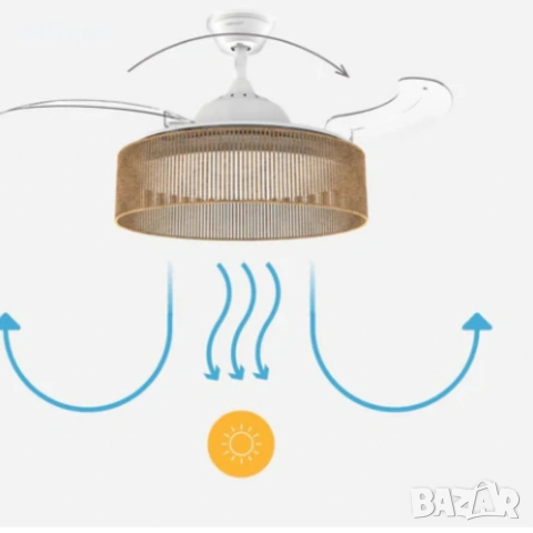 Brizy Bright Rattan – Вентилатор за таван с лампа и функция лято/зима, снимка 4 - Вентилатори - 54299103