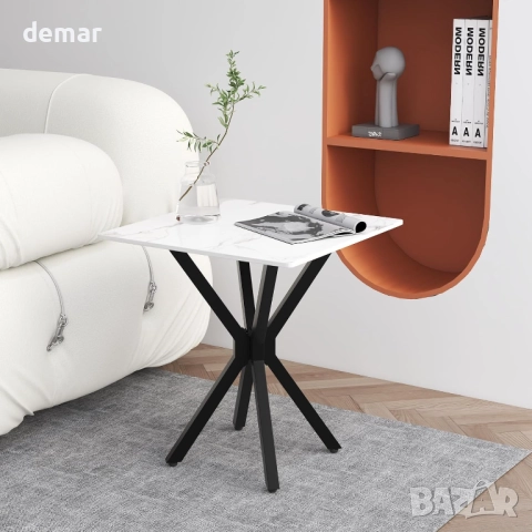 Мраморна странична масичка GOLDFAN, малка бяла странична масичка за хол, 50x50x55см