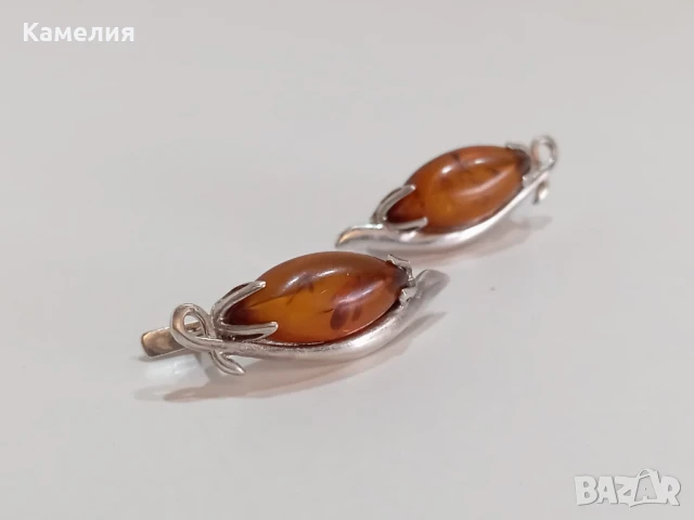 Сребърни обеци с кехлибар , снимка 4 - Обеци - 51316783