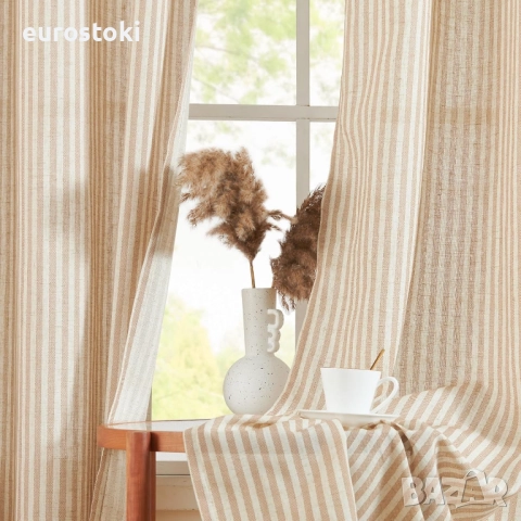Ленени завеси Topick, раирани завеси с капси, 130 x 175 см, модерни бежови завеси с ленен вид, хол, снимка 2 - Пердета и завеси - 51897421