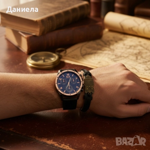 Мъжки часовник S&T Seek Time с кожена гривна – подаръчен комплект, снимка 3 - Мъжки - 51933018