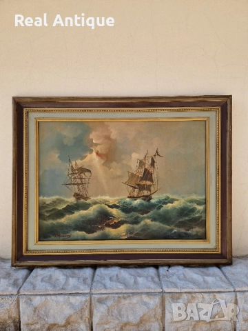 Страхотна антикварна авторска майсторска картина масло върху платно , снимка 2 - Картини - 51686592