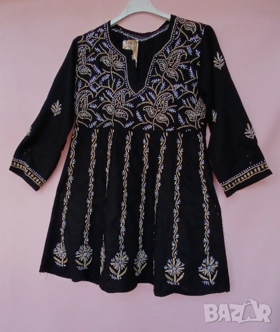 Памучна черна рокля бродирана с дълъг ръкав, снимка 4 - Рокли - 51511678