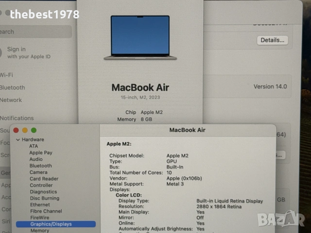 MacBook Air 15 M2`8 CPU/10 GPU/8GB RAM/256GB SSD/Бат 99%/Като Нов, снимка 9 - Лаптопи за работа - 53284281