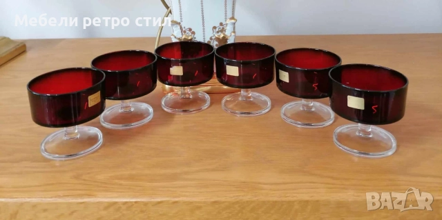Елегантен комплект  от 6 бр. чаши ''Luminarc''. Изработени в рубинен цвят и прозрачно столче., снимка 3 - Чаши - 52040392