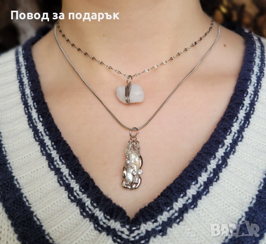 Двуслойно колие с естествен кварц и перла обвита с циркони, снимка 2 - Колиета, медальони, синджири - 53040951