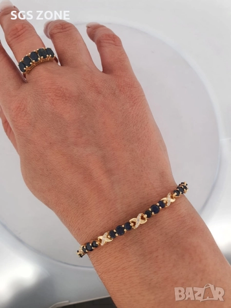 сребърна гривна с естествени сапфири, позлатена, снимка 1