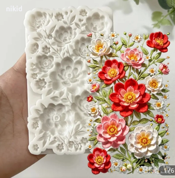 Правоъгълник с цветя малко пано силиконов молд форма фондан шоколад декор украса , снимка 1