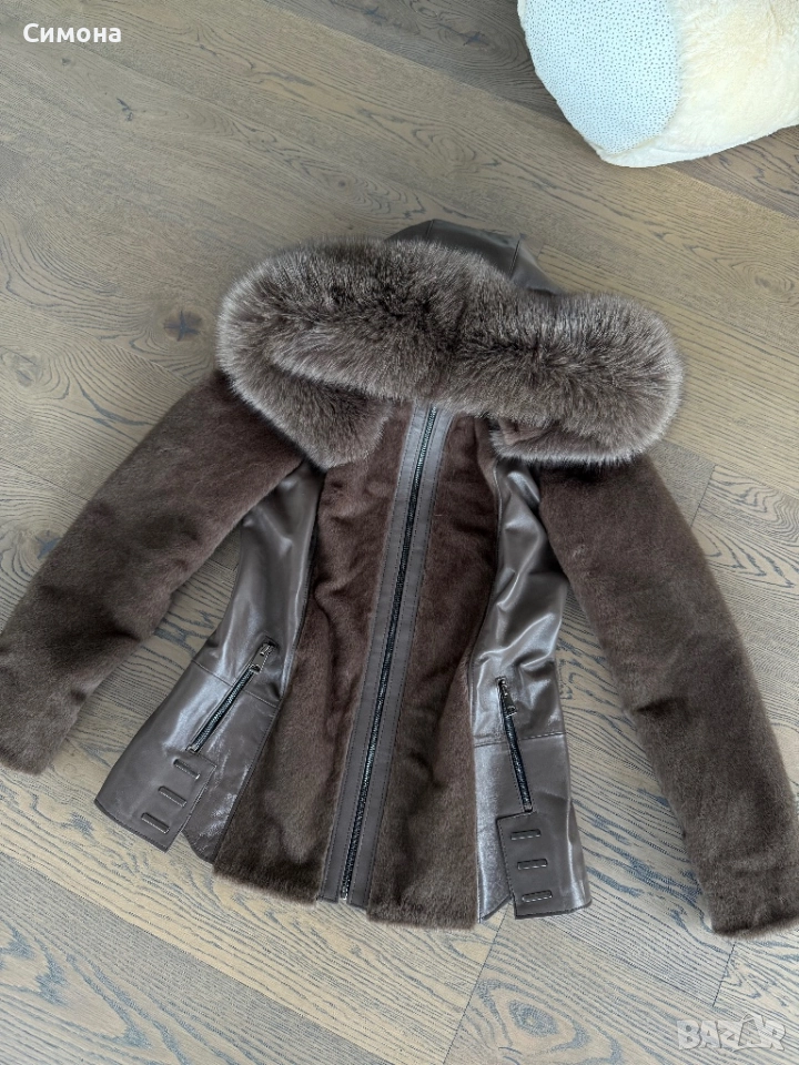 Естествена кожа и естествен косъм лисица кафяво зимно яке с качулка, снимка 1