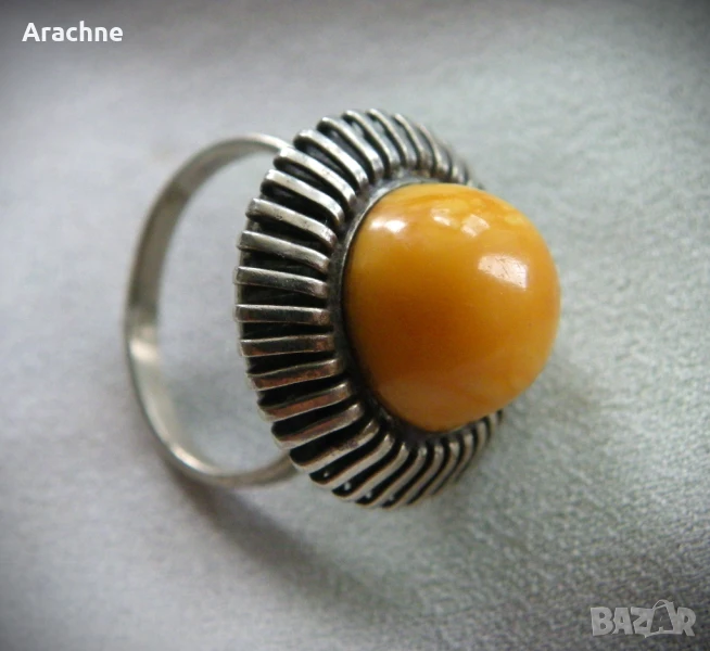 Скандинавски сребърен пръстен с кралски кехлибар, снимка 1