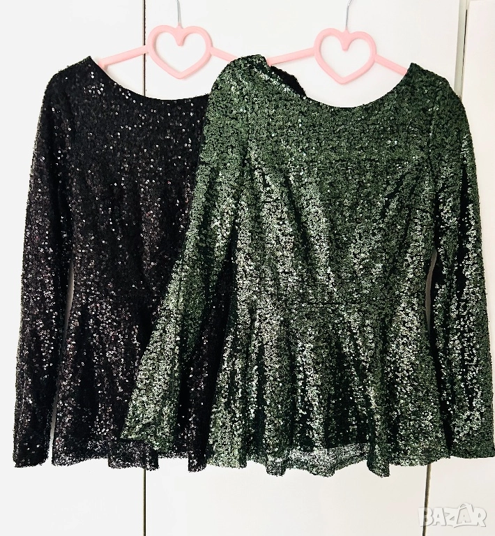 Разпродажба дамски топ блуза с пайети дълъг ръкав пайетен пайетена с гол гръб черен зелен официална, снимка 1