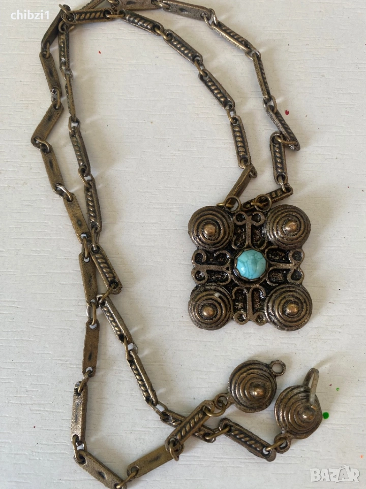 ⚜️Старинно колие от бронз с тюркоазен камък, ръчна изработка , снимка 1