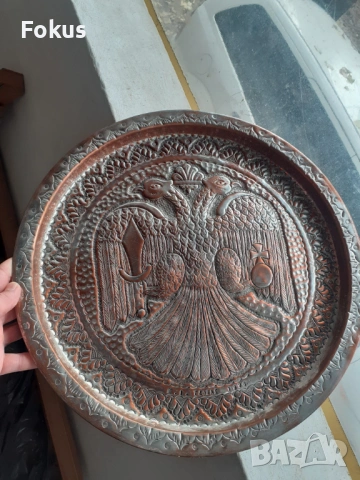 Голяма медна тава поднос с двуглав орел, снимка 6 - Антикварни и старинни предмети - 53356579