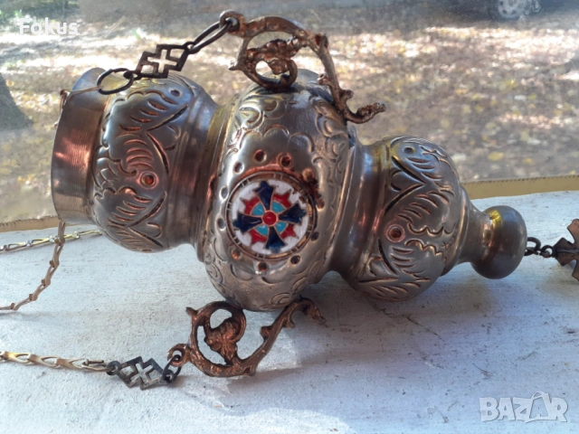 Старо висящо голямо кандило с емайл кадило тамянник