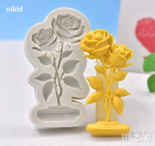 2 рози клонка клонки раза с листа на стойка силиконов молд форма фондан шоколад гипс декор украса