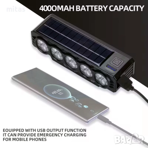 Ултра ярка 20 LED SOLAR светлина за велосипед, Клаксон, Бтерия 4000mAh, снимка 5 - Аксесоари за велосипеди - 51921334